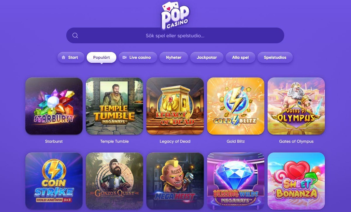 Pop Casino grönt tema med texten Välkomstbonus upp till 1000 kr