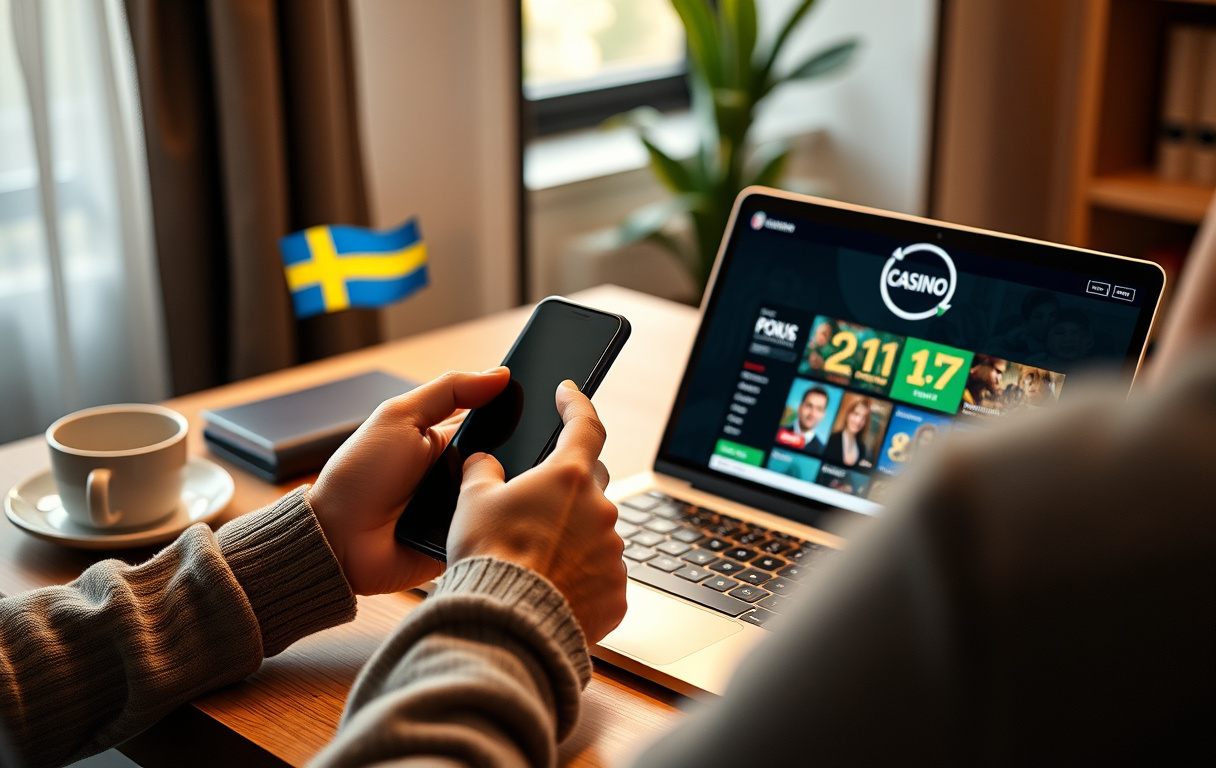 Person som spelar online casino på smartphone och dator vid ett skrivbord, med svensk flagga och Spelinspektionen-logotyp.