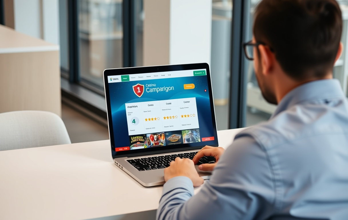 En person som tittar på en jämförelsesajt för casinon på en laptop, med en sköldsymbol och stjärnbetyg, i ett modernt kontor.