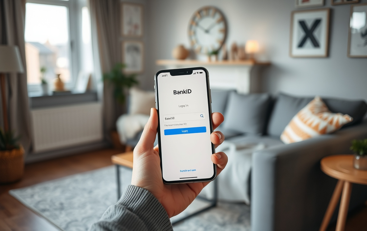 Närbild på hand som håller en smartphone med BankID-appen redo för inloggning i ett skandinaviskt vardagsrum.
