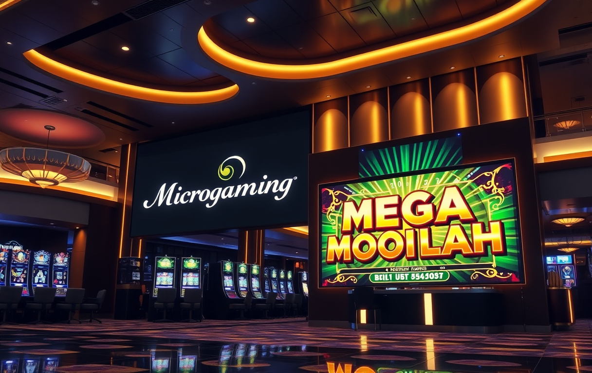 Casinomiljö med Microgaming-logga och Mega Moolah-jackpottdisplay