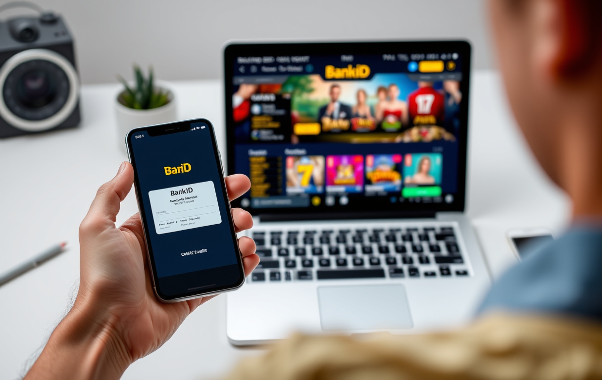 Person med smartphone som visar BankID-verifiering bredvid en laptop med ett casinospel