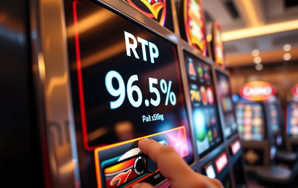 Närbild på en spelautomat som visar RTP 96,5 % med en spelares hand på knappen