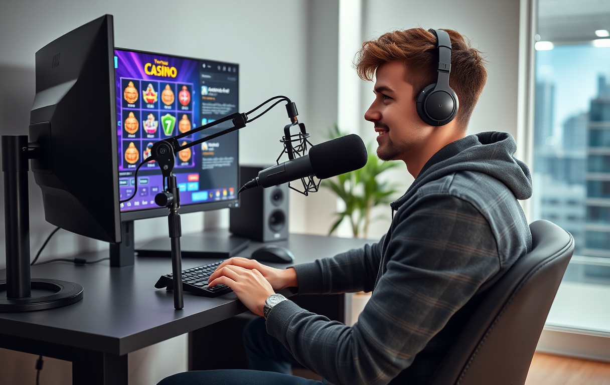 En man som streamar live slots på Twitch från sin gaming setup.