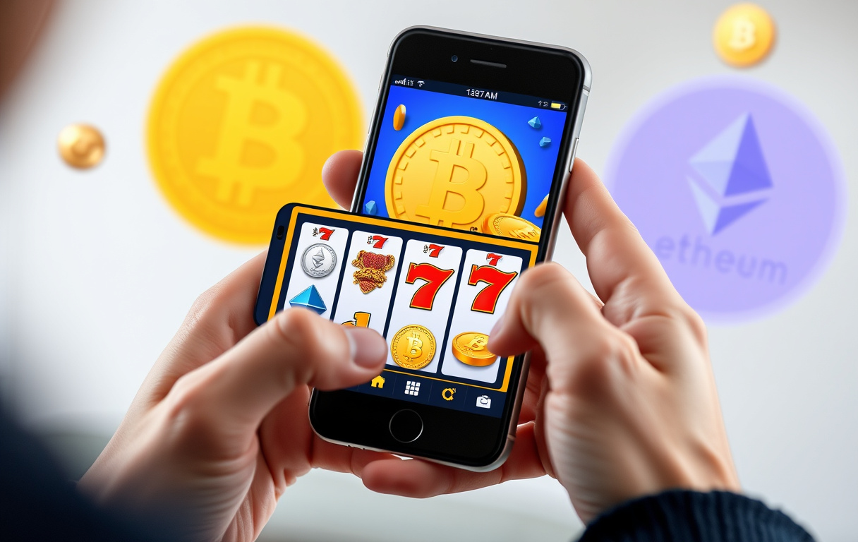 Person som spelar spelautomater på mobil med kryptovalutor i bakgrunden